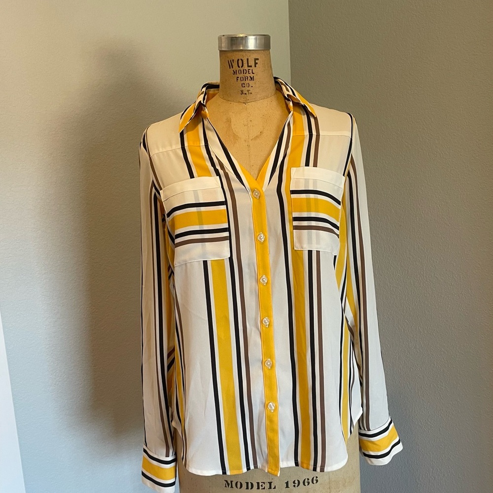Express- SZ XS Slim Fit Portofino Shirt - Yellow Striped